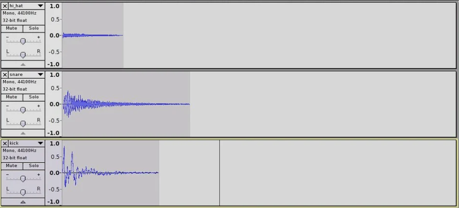 Waveform view in Audacity showing isolated kick, snare, and hi-hat tracks for basic drum beat layering.