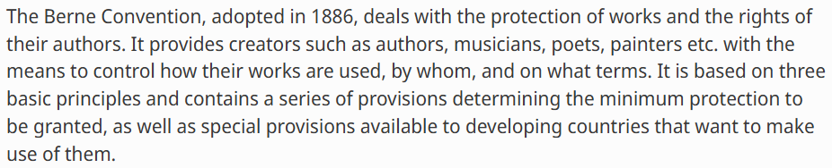 Screenshot from the WIPO website summarizing the Berne Convention, highlighting the protection of authors' rights across literary, artistic, and musical works.