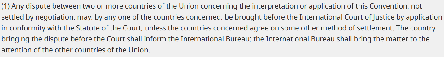 Screenshot of Article 33 of the Berne Convention explaining that disputes between member countries can be brought before the International Court of Justice.