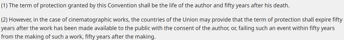 Screenshot of Article 7 of the Berne Convention specifying that copyright protection generally lasts for the life of the author plus fifty years.