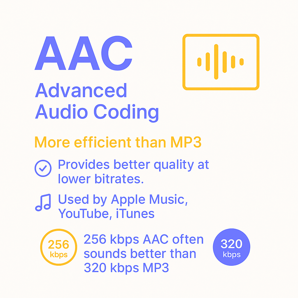 Infographic explaining AAC (Advanced Audio Coding) as a more efficient format than MP3, highlighting its use by Apple Music, YouTube, and iTunes, and noting that 256 kbps AAC often sounds better than 320 kbps MP3.