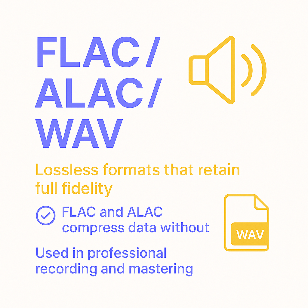 Infographic on FLAC, ALAC, and WAV as lossless formats that preserve full audio fidelity, with FLAC and ALAC offering data compression and WAV used in professional recording.