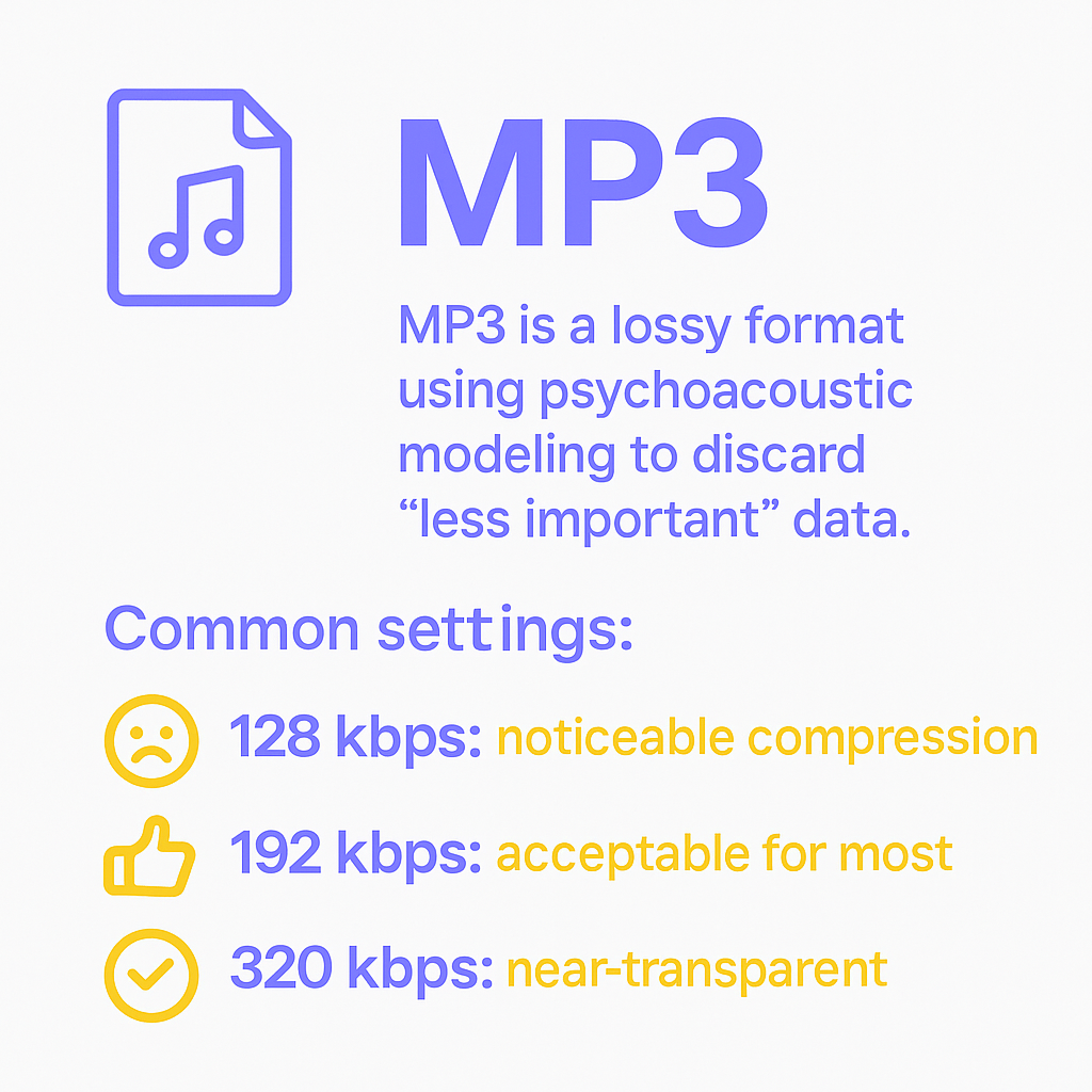 Infographic summarizing MP3 as a lossy format using psychoacoustic modeling, with typical settings: 128 kbps (noticeable compression), 192 kbps (acceptable), and 320 kbps (near-transparent).