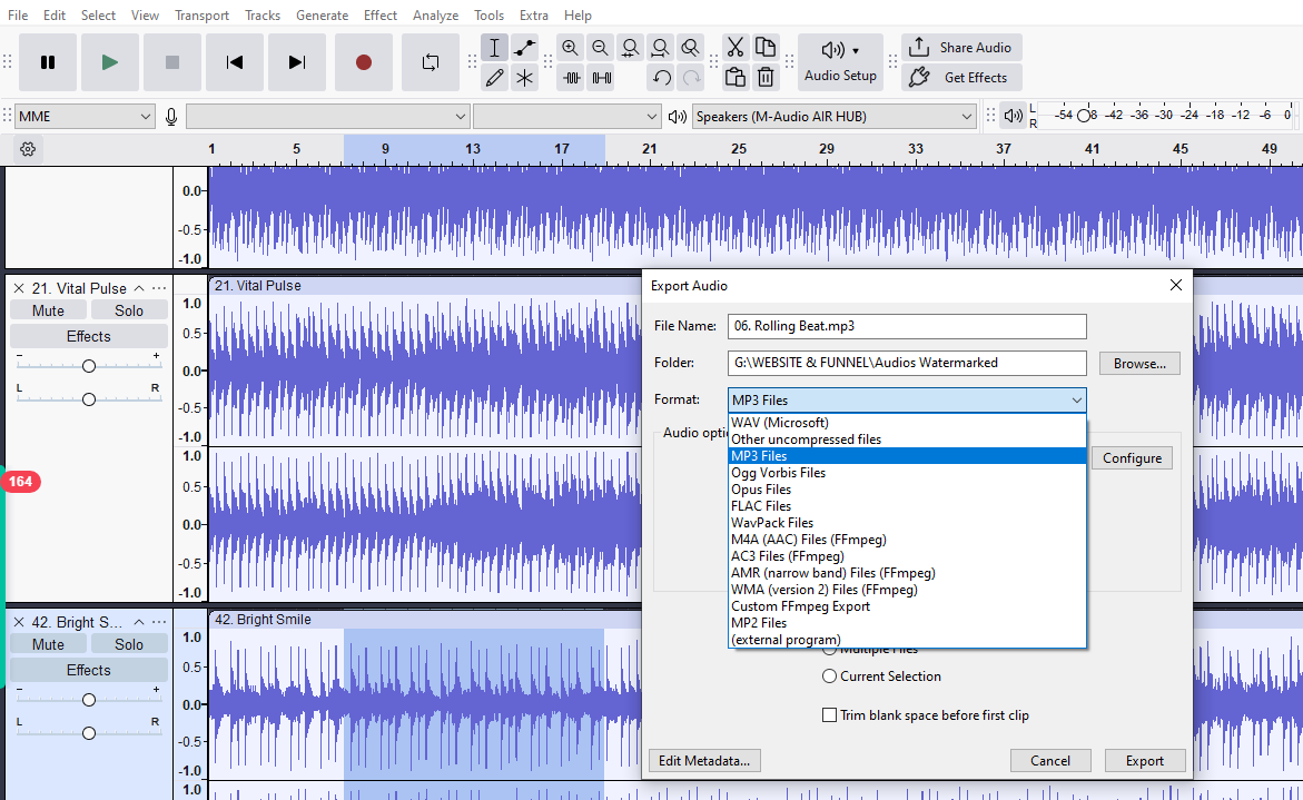 Bounce Track process in Audacity showing export audio window with format dropdown for WAV, MP3, and other file types