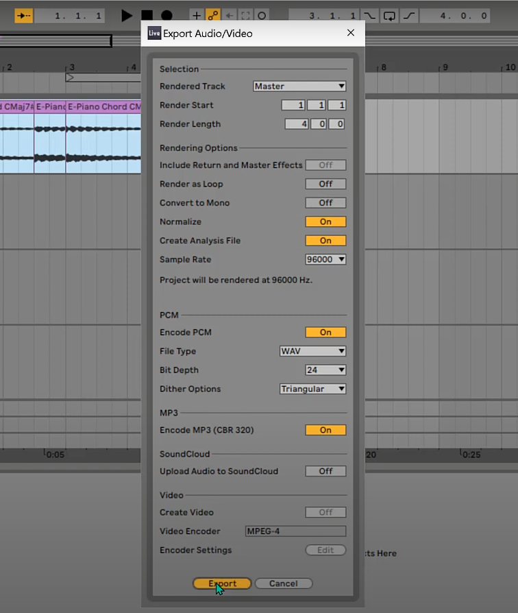 Bounce Track export settings window in Ableton Live showing sample rate, file format, and bit depth options