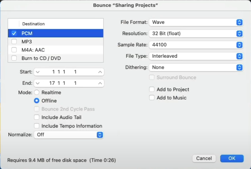 Bounce Track dialog in Logic Pro with options for format, sample rate, resolution, and offline rendering mode