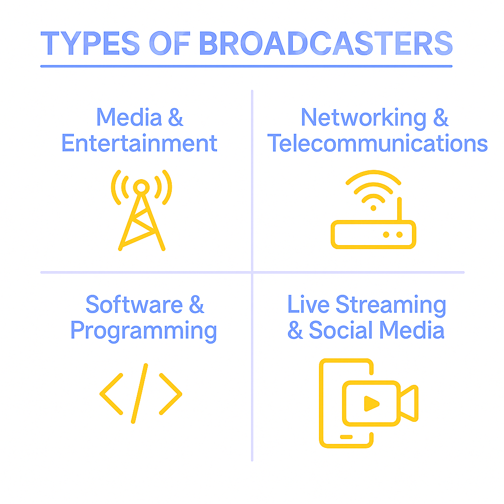 Infographic titled "Types of Broadcasters" showing four categories: Media & Entertainment, Networking & Telecommunications, Software & Programming, and Live Streaming & Social Media, each represented by a yellow icon in a quadrant layout.