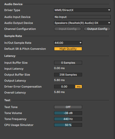Ableton Live audio settings showing MME/DirectX driver, 256-sample output buffer size, and 5.80 ms output latency.