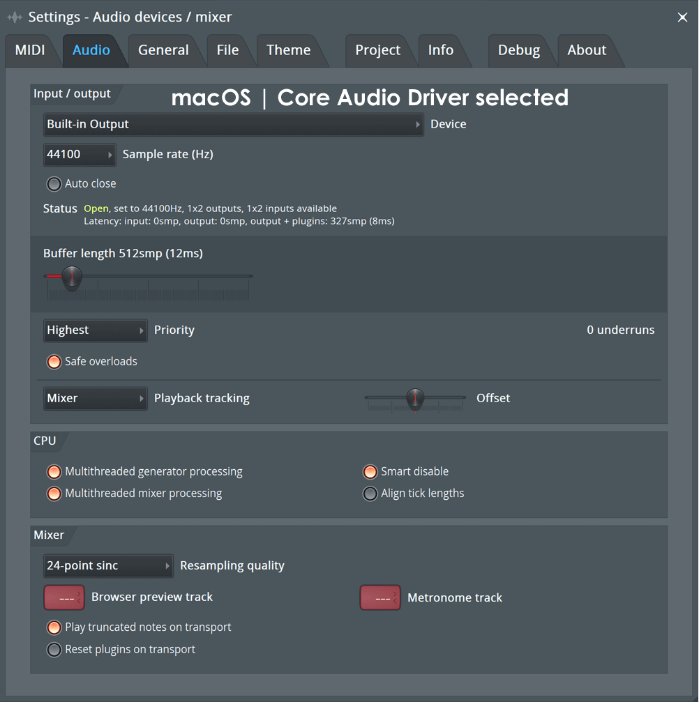 FL Studio audio settings with Core Audio driver selected, buffer length set to 512 samples (12ms), and CPU options enabled.