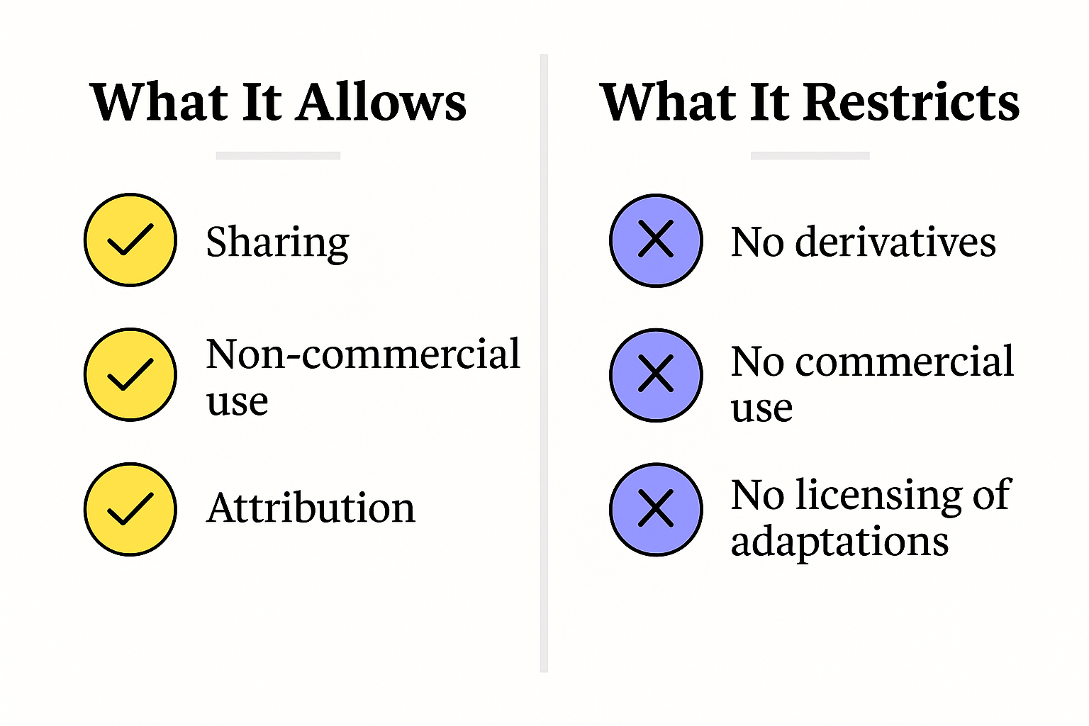 Split infographic showing two columns. The left column titled “What It Allows” lists: Sharing, Non-commercial use, Attribution with yellow check icons. The right column titled “What It Restricts” lists: No derivatives, No commercial use, No licensing of adaptations with blue X icons.