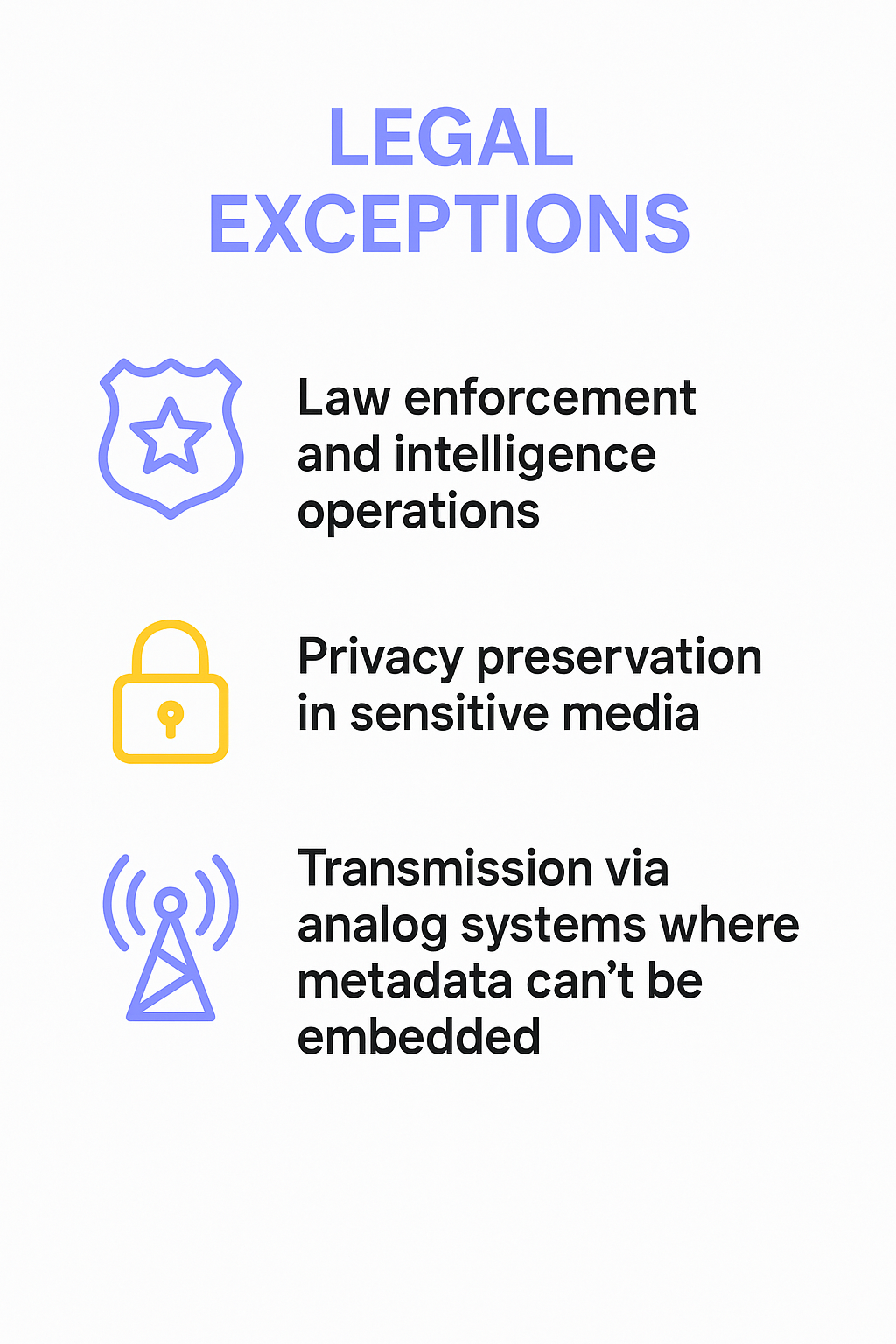 Infographic listing legal exceptions to CMI removal: law enforcement, privacy in sensitive media, and analog systems.