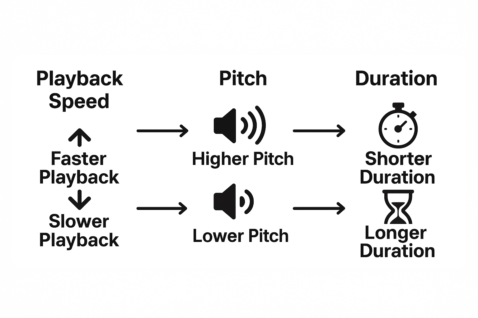 Infographic showing how playback speed affects pitch and duration in audio - faster playback increases pitch and shortens duration; slower playback lowers pitch and extends duration.