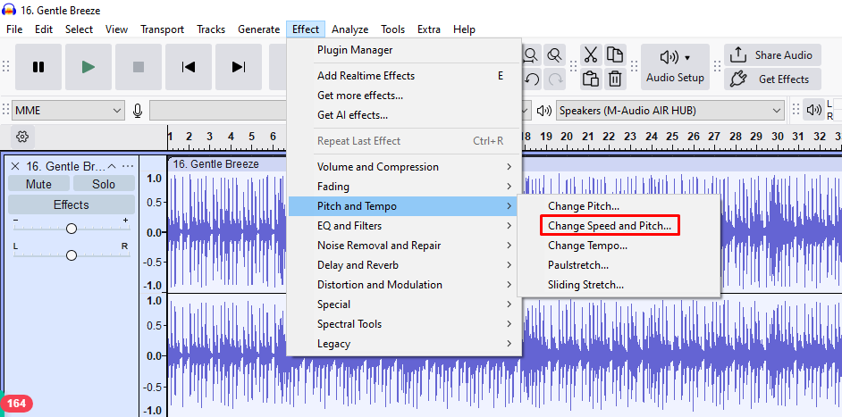 Screenshot of Audacity’s Effect menu showing the Change Speed and Pitch option under Pitch and Tempo.