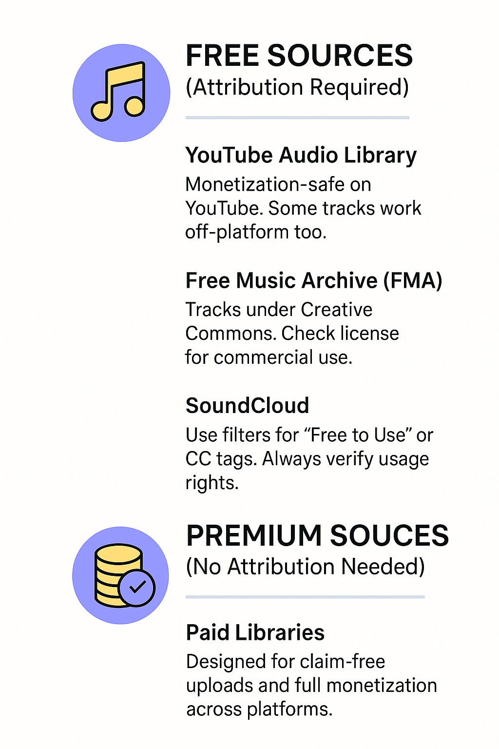 Infographic listing free and premium sources for claim-free music. Includes YouTube Audio Library, Free Music Archive, SoundCloud for free sources with attribution required, and paid libraries for no-attribution use.