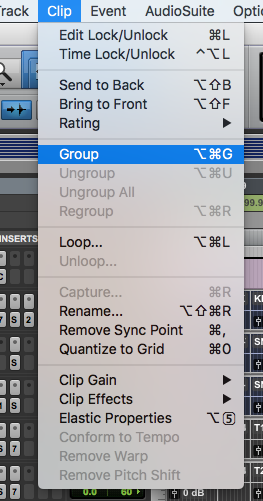 Screenshot of the Clip menu in Pro Tools showing the Group command highlighted, with shortcut Cmd+G for grouping selected clips.
