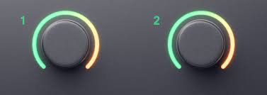 Focusrite Scarlett audio interface gain knobs with green-to-orange LED clipping indicator rings