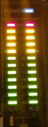 LED meter on a mixing console with green, yellow, and red segments highlighting peak and clipping levels
