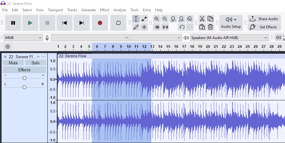 Audacity interface showing a selected audio region in blue, using the selection tool across the waveform.