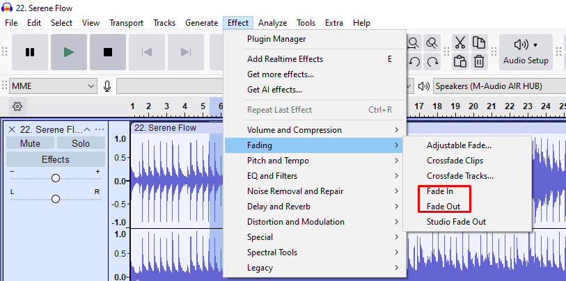 Audacity Effects menu open with the Fading submenu expanded, highlighting the "Fade In" and "Fade Out" options.
