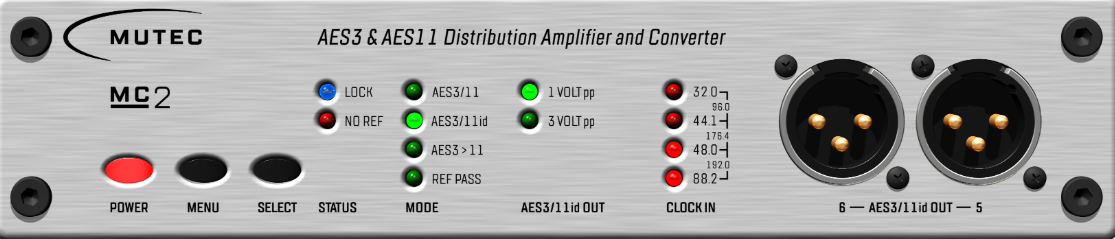 MUTEC MC-2 AES3 and AES11 distribution amplifier and converter with status LEDs and XLR clock outputs