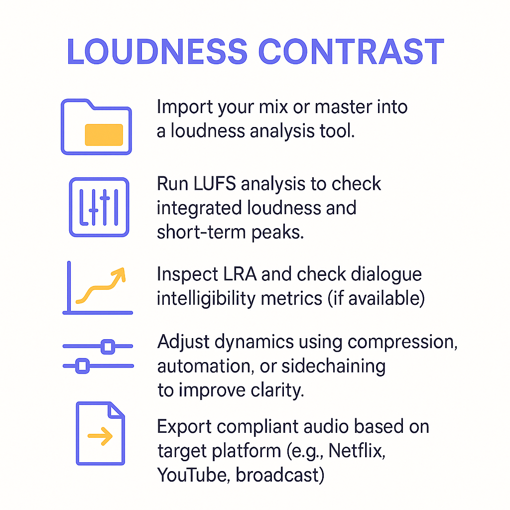 Infographic showing five steps for analyzing loudness contrast: import audio, run LUFS analysis, check LRA and intelligibility, adjust dynamics, and export platform-compliant audio.