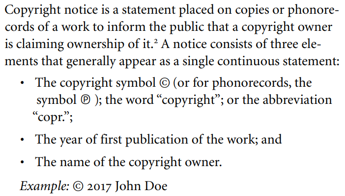 Example of a proper copyright notice with the © symbol, publication year, and name of the rights holder.