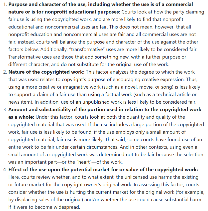 Explanation of the four factors used to determine fair use: purpose, nature, amount, and market effect.