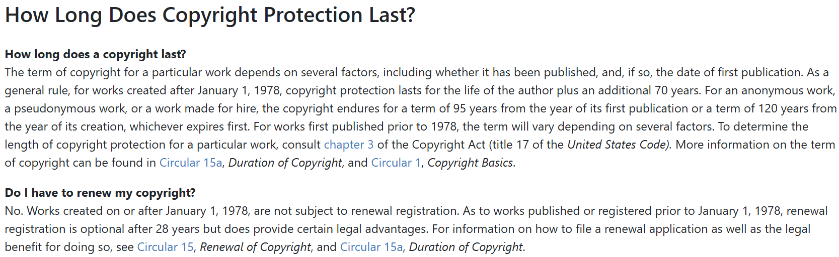 Chart explaining how long copyright lasts based on publication date, authorship, and renewal requirements.