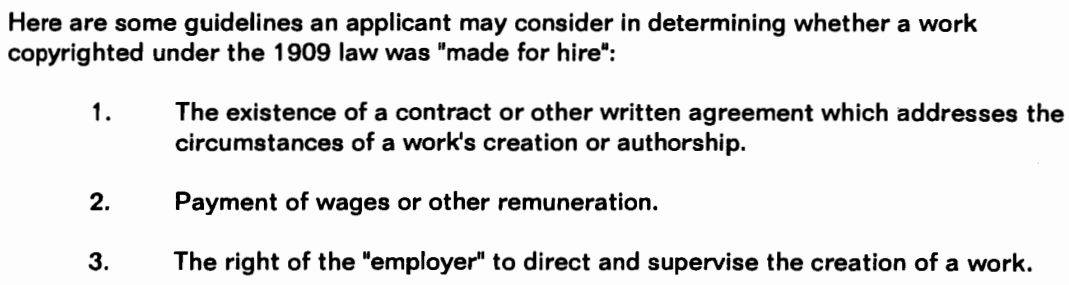 Guidelines from U.S. Copyright Office showing how to determine if a work was made for hire.