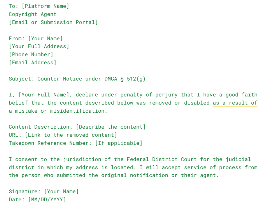 Screenshot of a DMCA counter-notice template including fields for the sender's contact details, content description, takedown reference, legal statement of good faith, jurisdiction consent, and signature.
