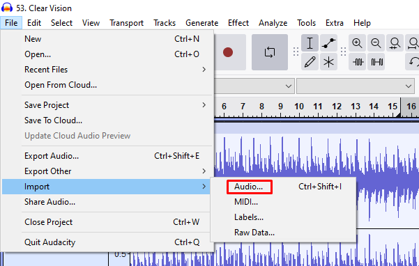 Audacity File menu open with Import > Audio highlighted for adding external audio clips