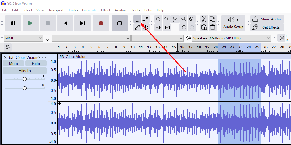 Audacity interface showing the Selection Tool in use with audio regions highlighted on the timeline