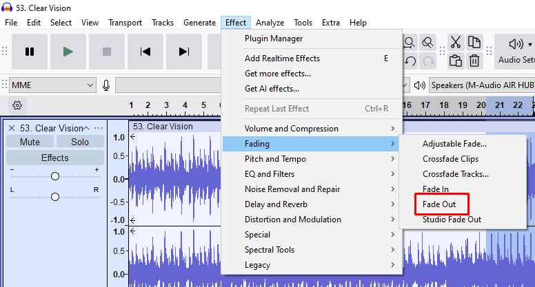 Audacity Effect menu open with Fading > Fade Out highlighted for applying a fade-out effect to audio