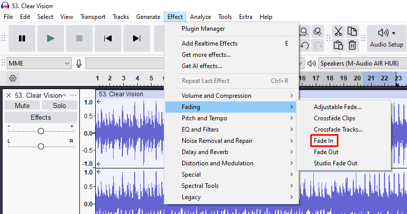 Audacity Effect menu open with Fading > Fade In highlighted for applying a fade-in effect to audio