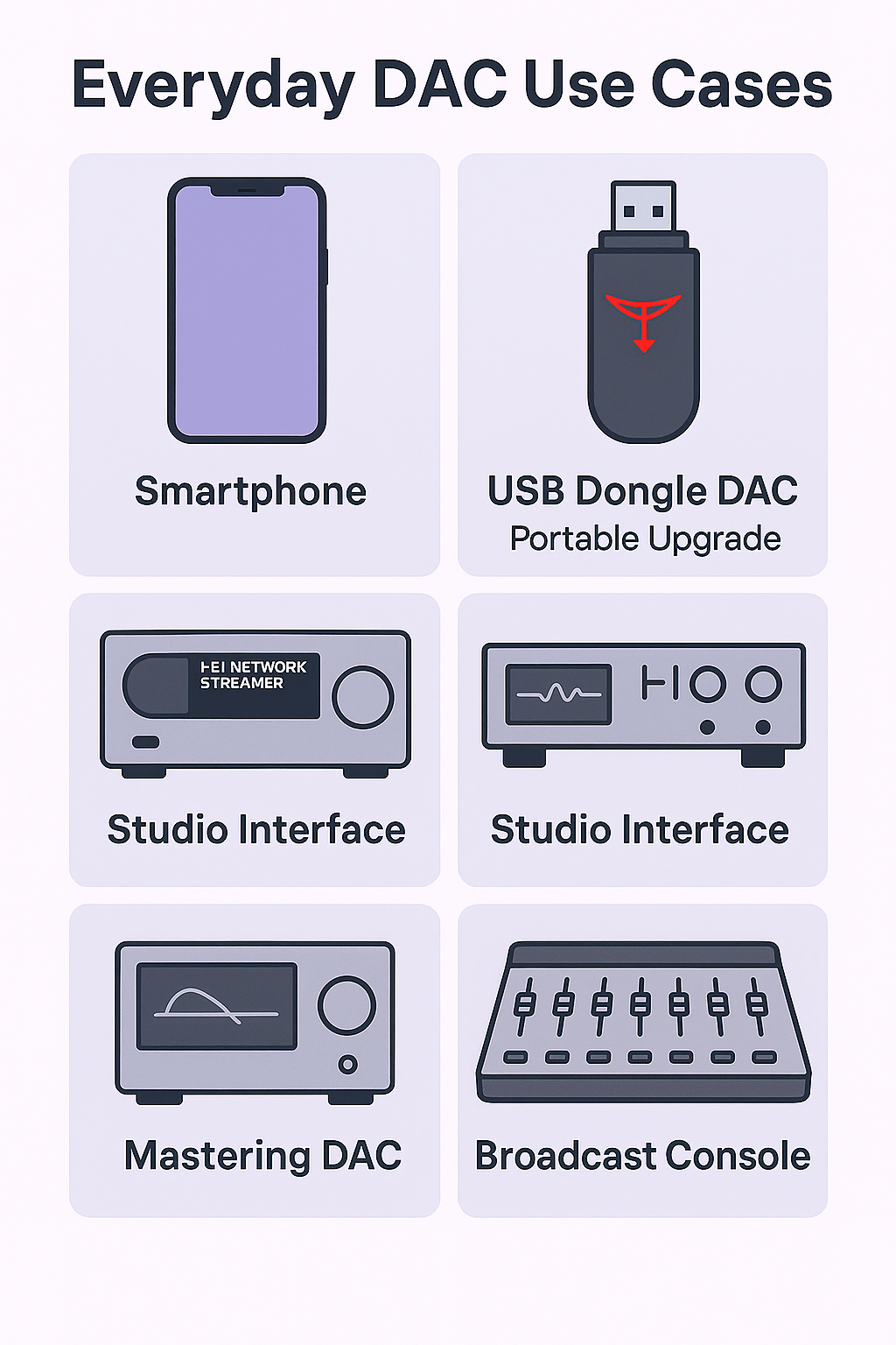 Infographic titled "Everyday DAC Use Cases" showing six digital-to-analog converter applications: smartphone with built-in DAC, USB dongle DAC for portable upgrade, studio interface (two types), mastering DAC for precision playback, and broadcast console for live conversion. Includes caption: “DACs serve different needs—from everyday playback to studio-grade monitoring.”