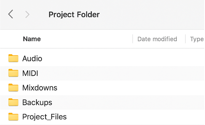 Organized DAW project folder structure showing subfolders: Audio, MIDI, Mixdowns, Backups, and Project_Files