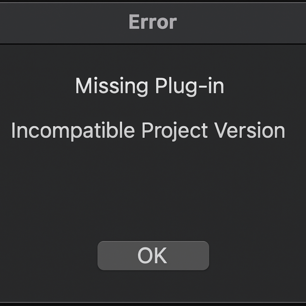 DAW error message showing “Missing Plug-in” and “Incompatible Project Version” with an OK button