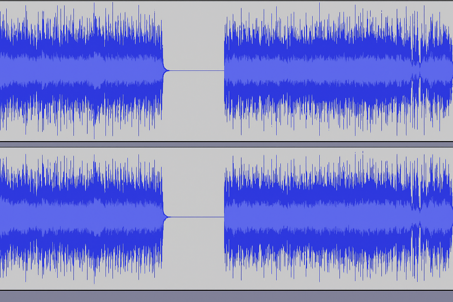Screenshot of a DAW timeline showing a stereo waveform with a clear gap of silence in the middle, used to illustrate visual dead air detection.