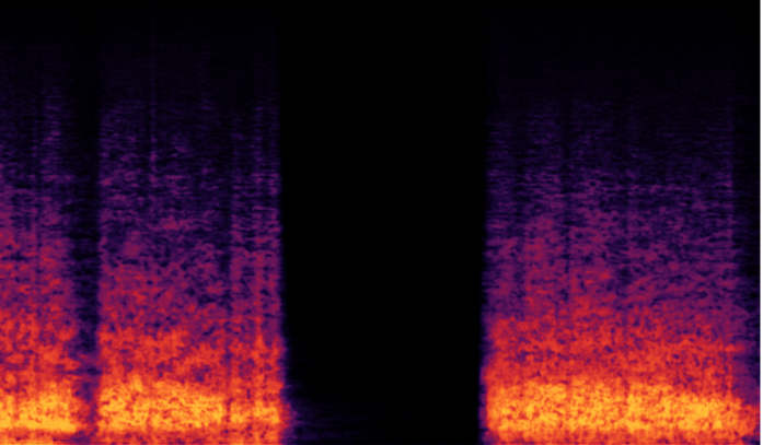 Spectrogram view showing a wide vertical band of black space, representing a complete drop in frequency and amplitude—indicating dead air.