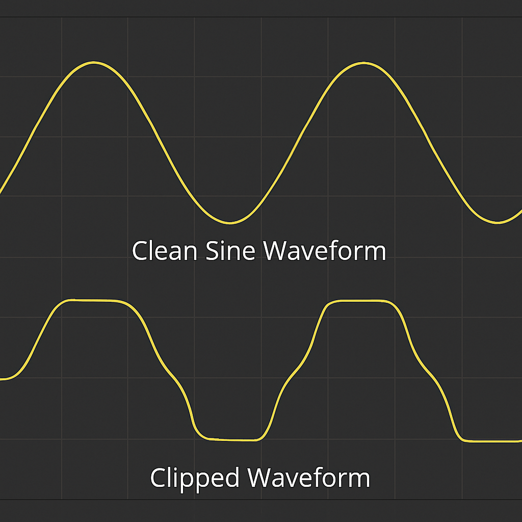 Oscilloscope comparison showing clean sine waveform versus clipped waveform with flat peaks.