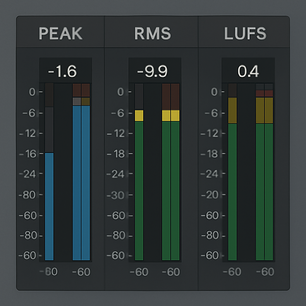 Digital audio workstation meters showing peak, RMS, and LUFS levels for audio signal monitoring.