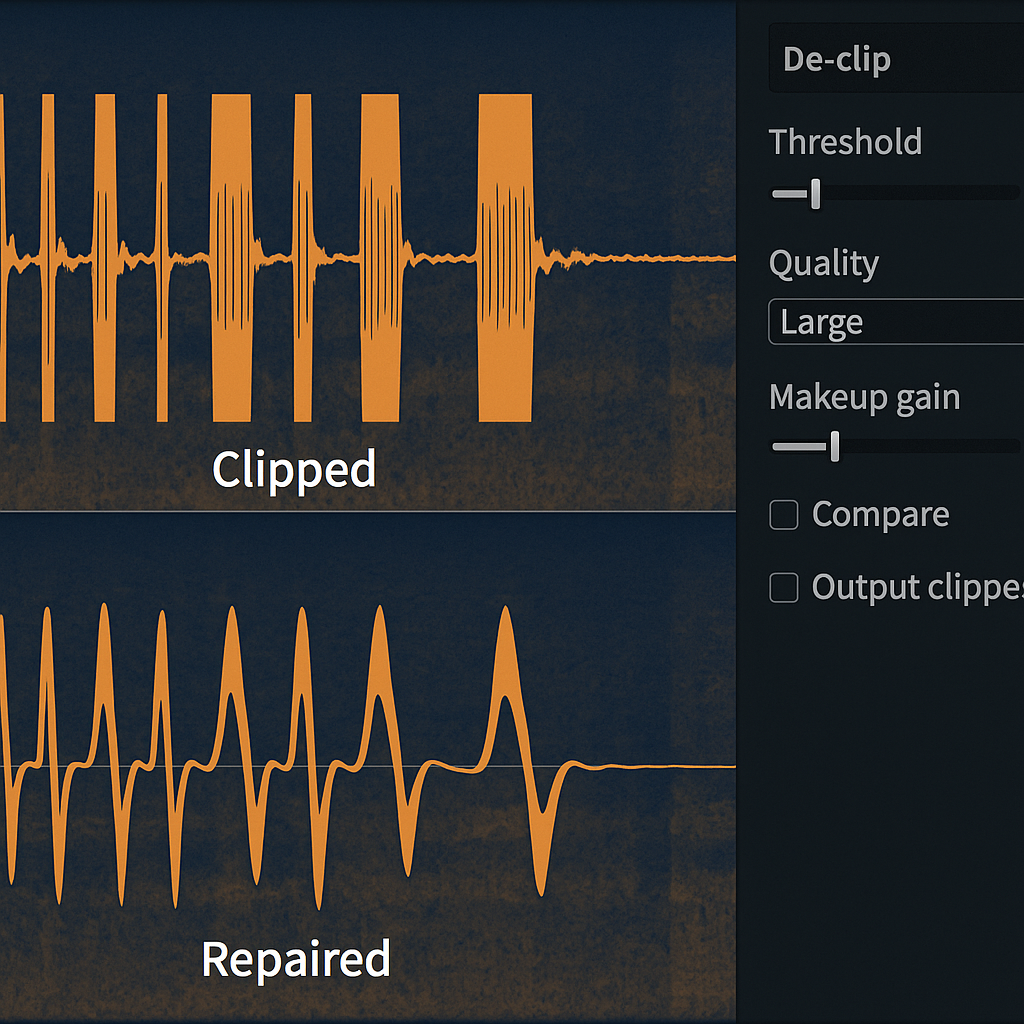 Audio waveform repair example showing clipped waveform and restored version using a De-clip module.