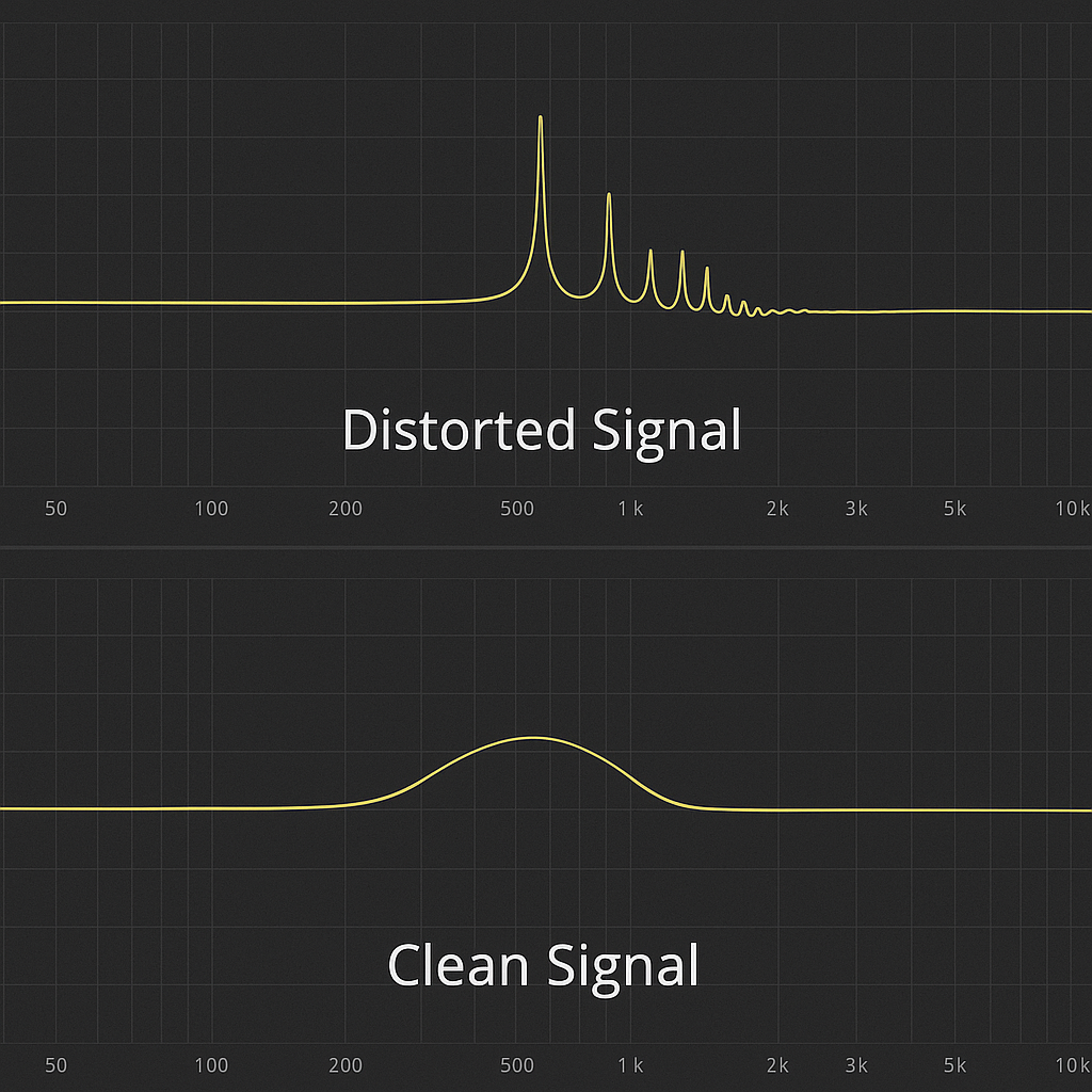 Spectrum analyzer comparison showing frequency spikes in a distorted signal versus smooth clean signal.