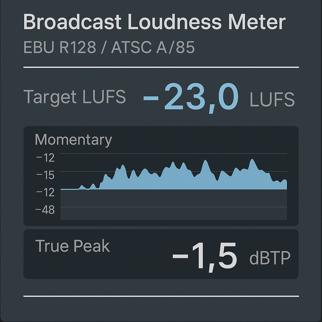Broadcast loudness meter showing target LUFS at -23.0 and true peak level at -1.5 dBTP, compliant with EBU R128 and ATSC A/85 standards