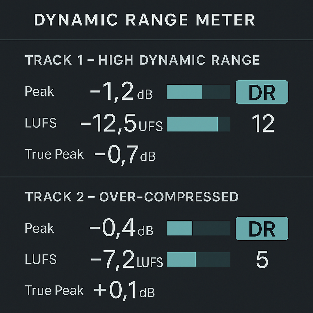 Dynamic range meter comparing two tracks: one with 12 dB dynamic range and -12.5 LUFS, the other over-compressed at 5 dB DR and -7.2 LUFS.