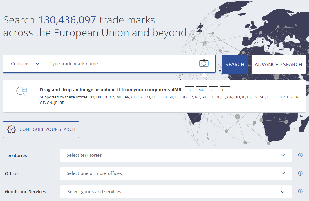 The TMview interface showcasing the AI-driven image search feature. This includes the search bar, options to upload an image, and a display of search results with similar trademarks.