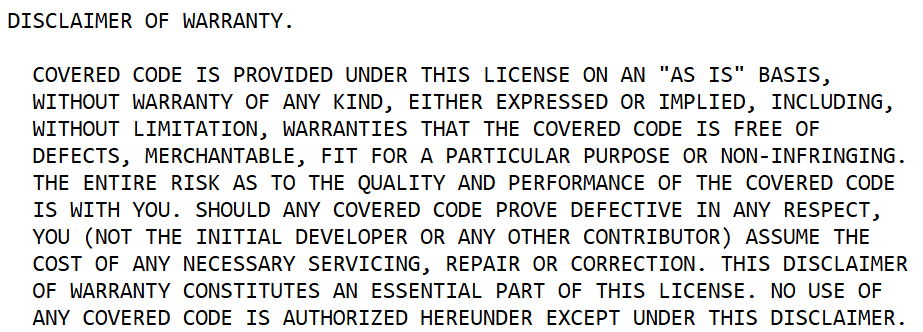 Section of EULA (End-User License Agreement) showing disclaimer of warranty under the Mozilla Public License