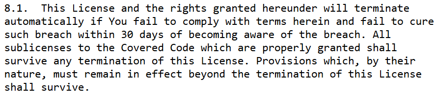 Termination clause from a real EULA (End-User License Agreement) outlining conditions for license revocation