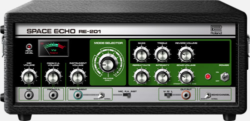 Front panel of a Roland RE-201 Space Echo tape delay unit showing mode selector, EQ, and echo controls