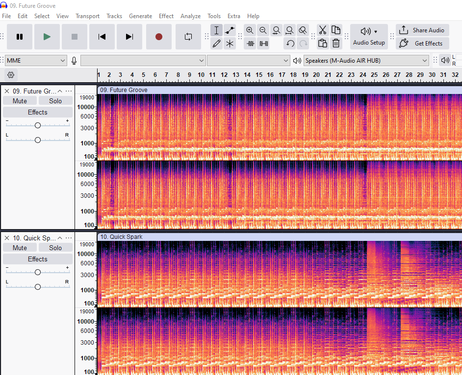 Spectrogram view in Audacity showing two audio tracks with frequency content visualized over time